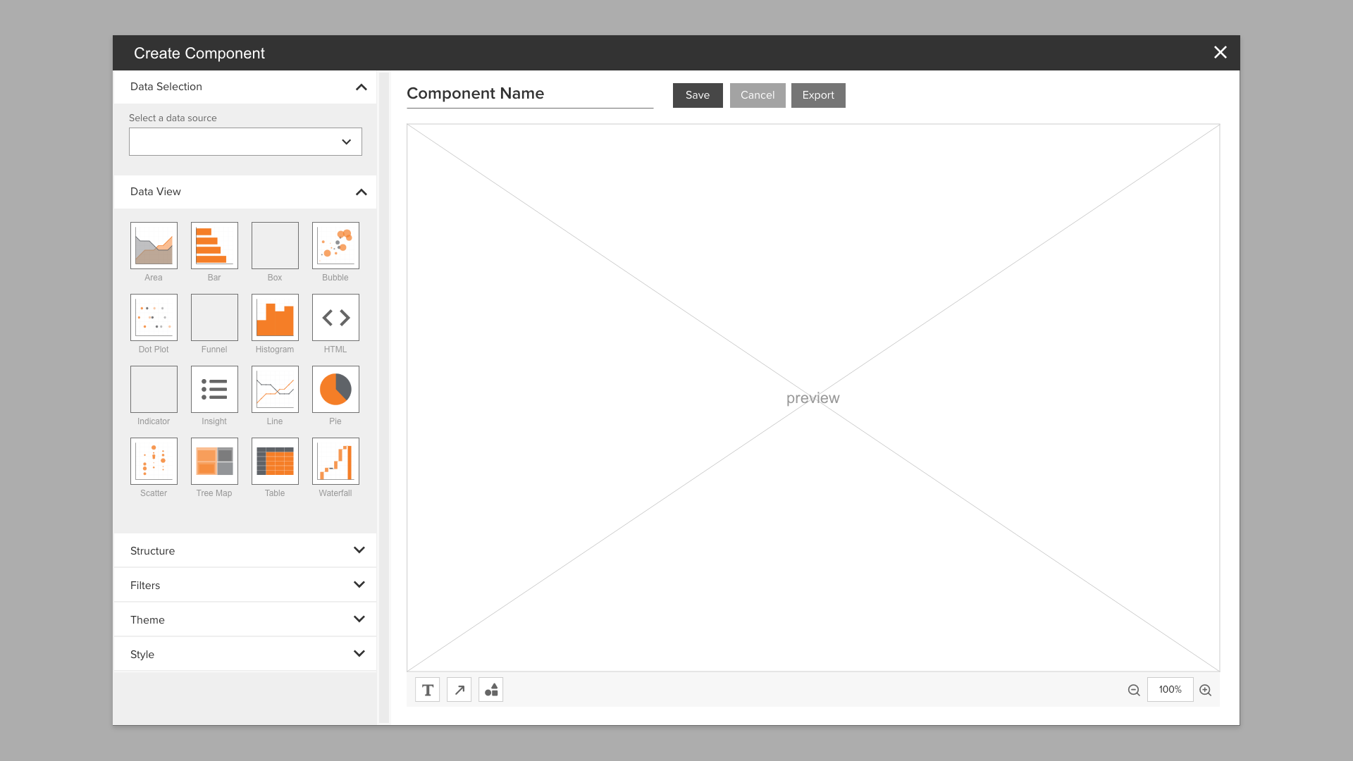 High fidelity design for an overlay that allows the user to create a dashboard component