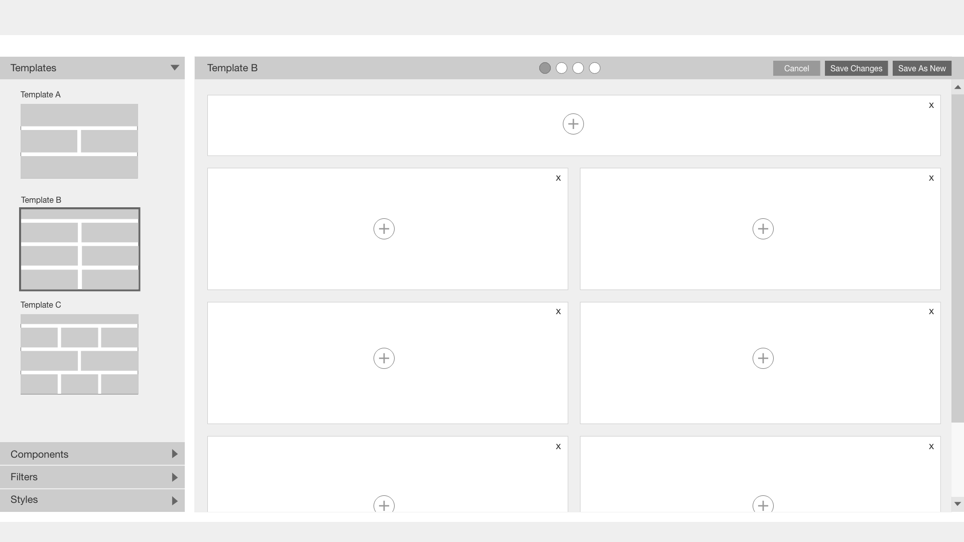 Dashboard template wireframe showing template selection and areas to add data visualizations