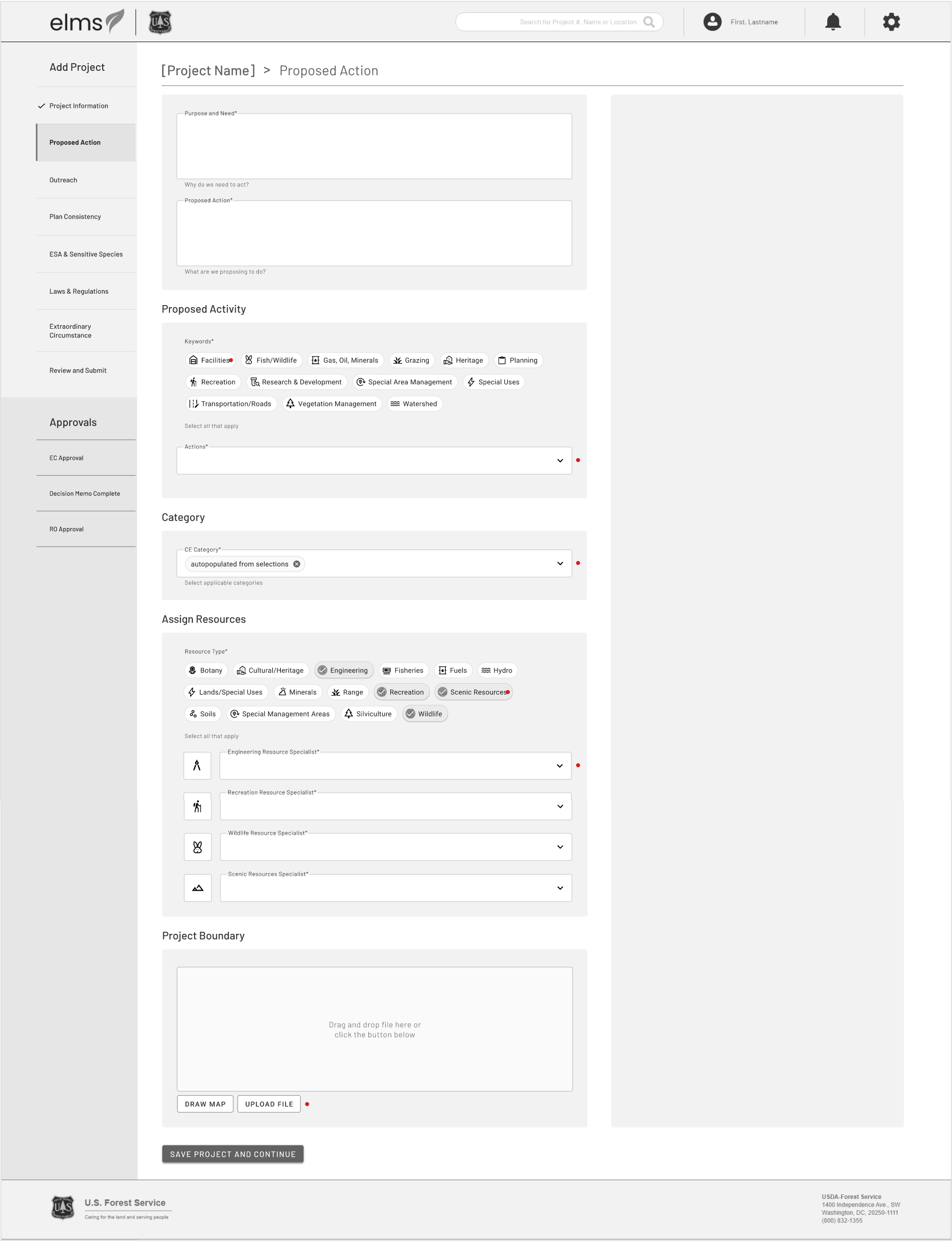 Low fidelity mockup of the initial combined Purpose and Need page
