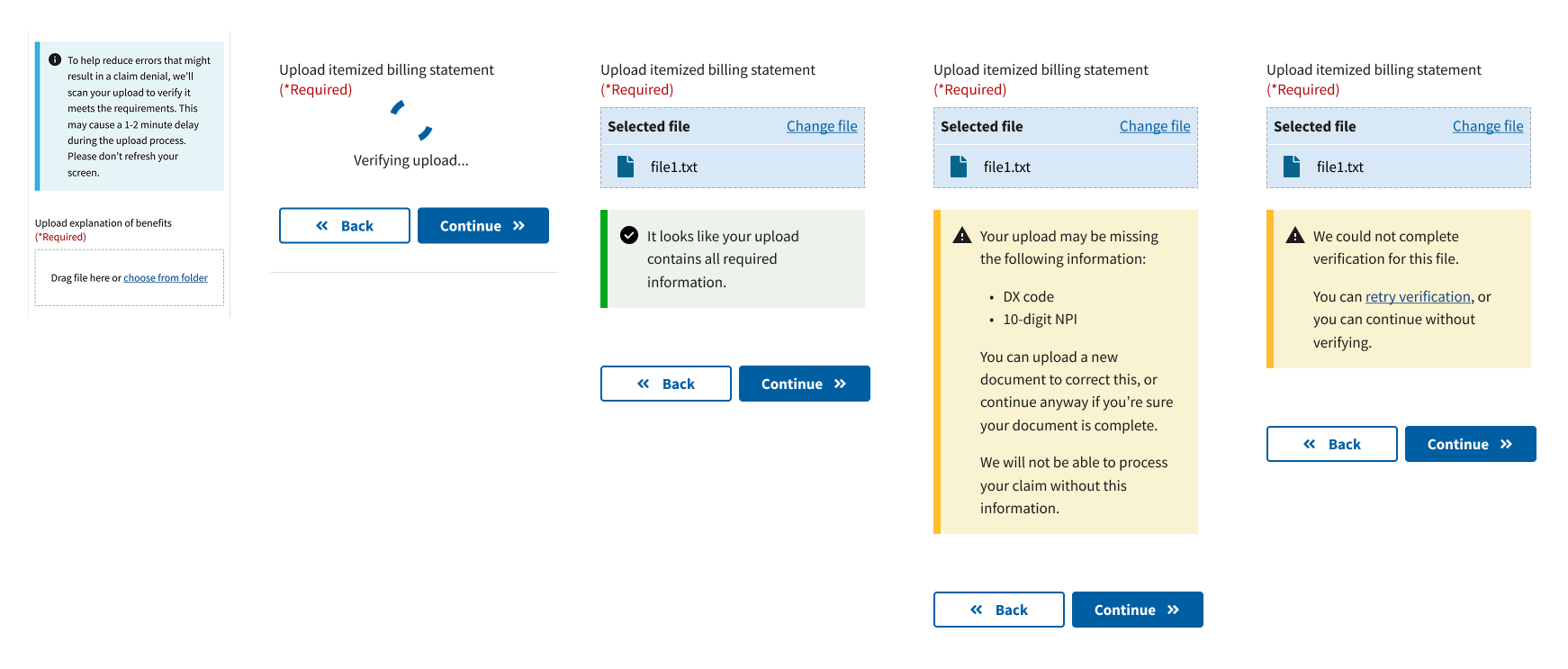 A series of screens showing messaging for file verification